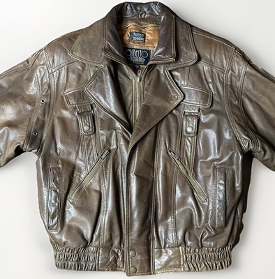 Vintage 80s Leather Bomber Moto Biker Jacket Mens Large Brown