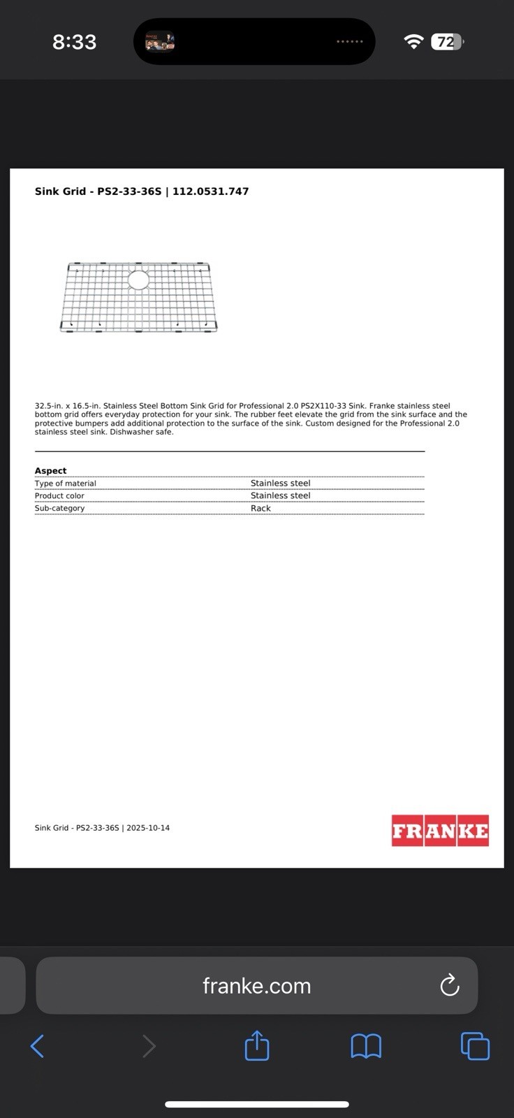 FRANKE  PS2-33-36S Stainless Bottom Grid For Professional 2.0 PS2X110-33 Sink