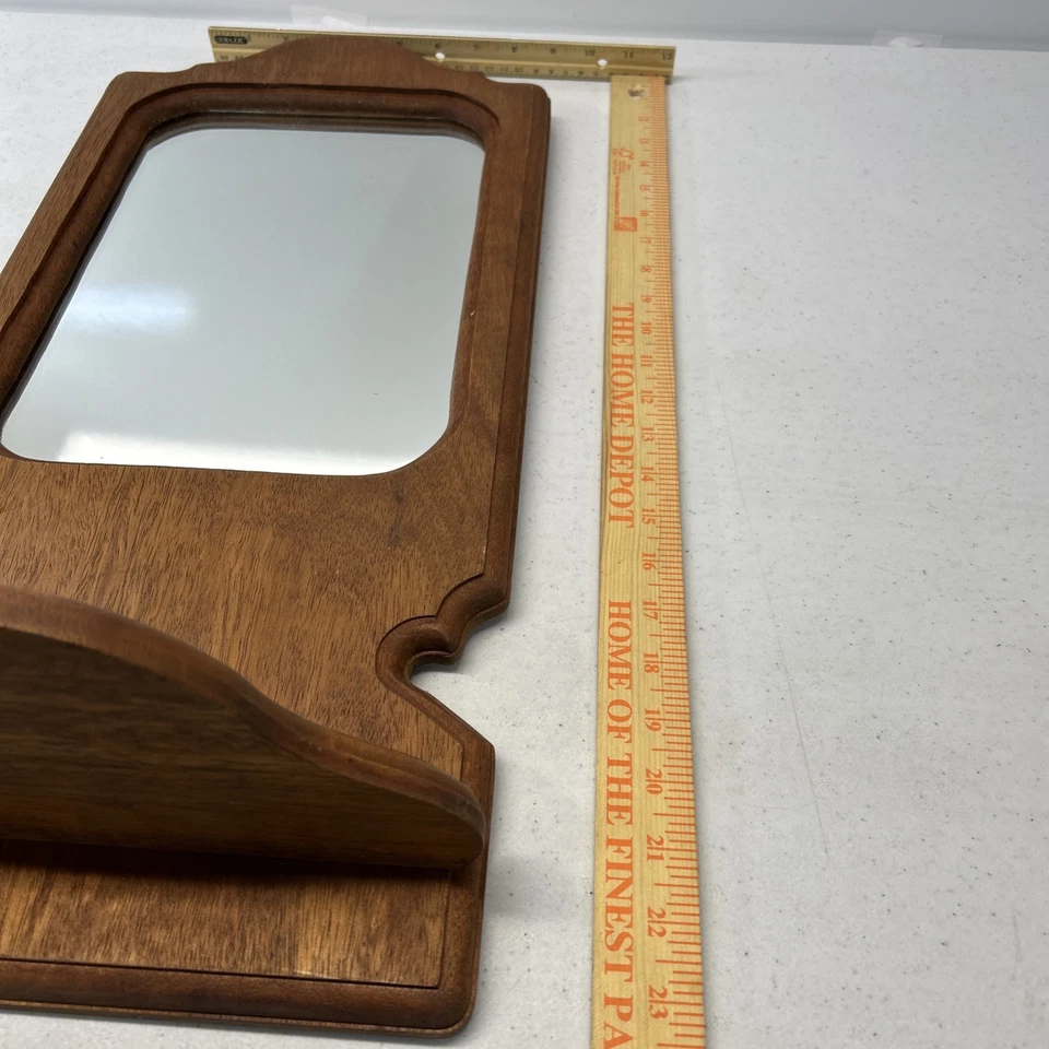 Vintage Rustic Wooden Wall Mirror with Shelf Entryway Cabin Signed 23.75”x11” - Image 3 of 4