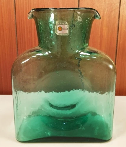 Vintage Blenko 8" Glass Handmade Water Bottle Pitcher Double Spout Aqua Green