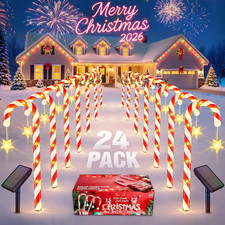 Solar Candy Cane Pathway Lights - 24-Pack Decorative Outdoor Christmas Stakes