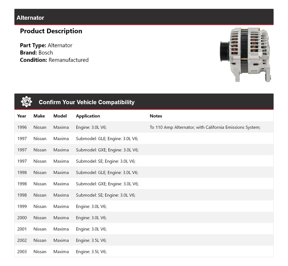 Alternador para Nissan Máxima Bosch 1996-2003 (remanufacturado) 1997 1998 1999 Foto 2 de 4
