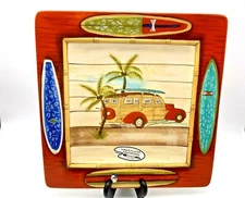 Clay Art Vintage Surf Hand Painted Beach Surfboard Woody Car Square Dinner Plate