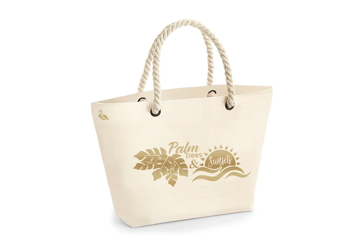 Beach Bag Tote Bag Large Cotton Canvas Rope Handle Palm Trees