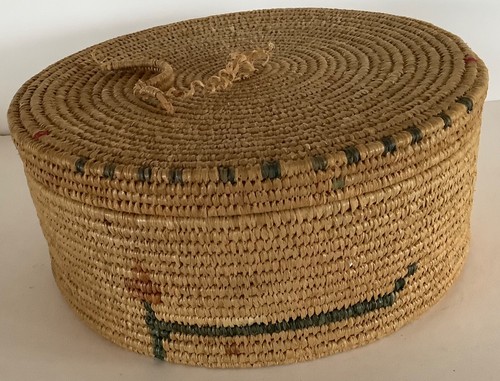 Feine, enge Spule - indianischer Korb mit Deckel und Enten - 4" hoch 8" Durchmesser - Bild 1 von 6