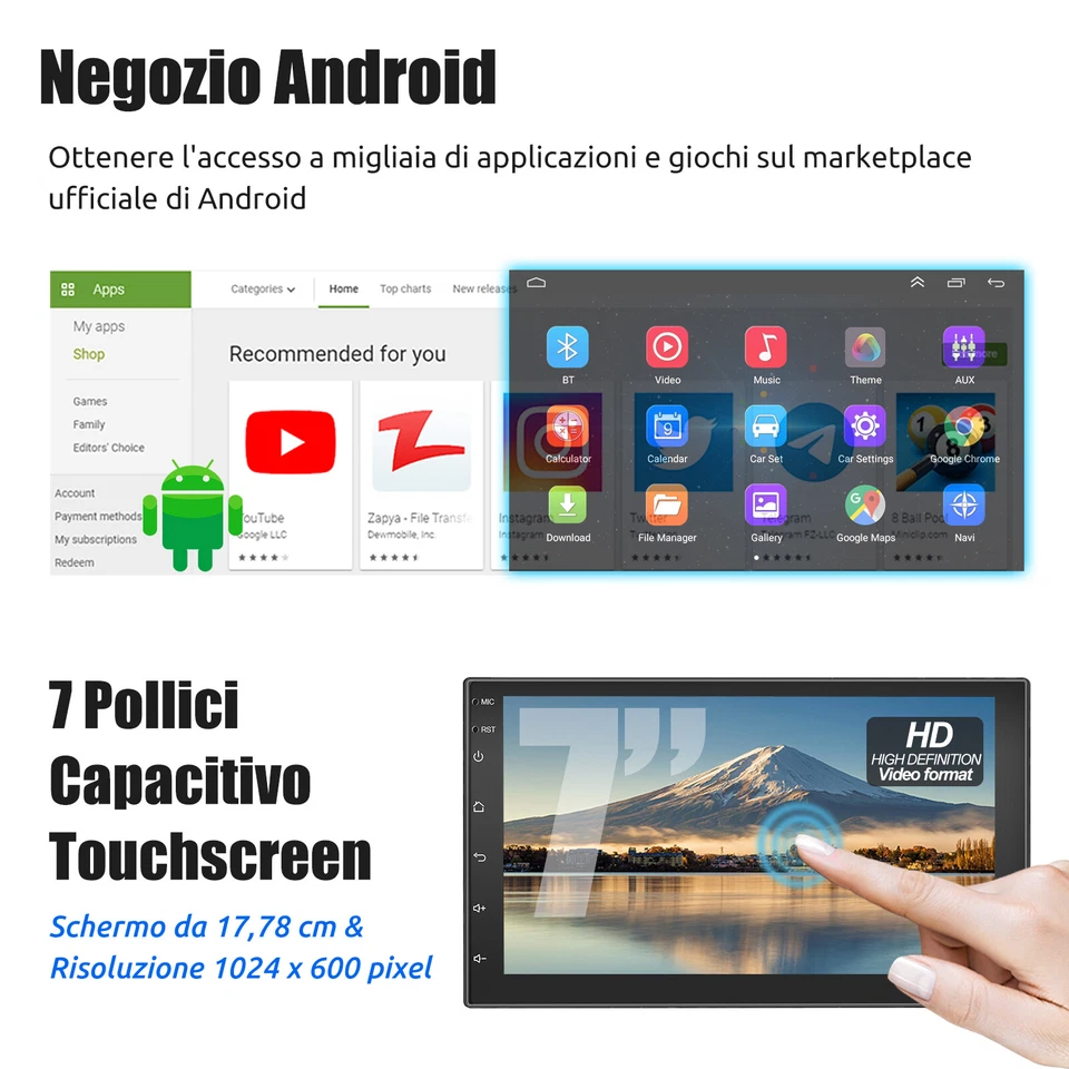 Autoradio 7 Pollici 2 DIN GPS Android 14 Carplay Bluetooth WIFI RDS EQ USB + Cam - Immagine 3 di 4