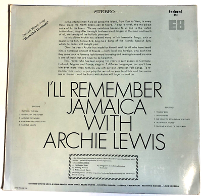Archie Lewis I'll Remember Jamaica With Lp Signed Autographed