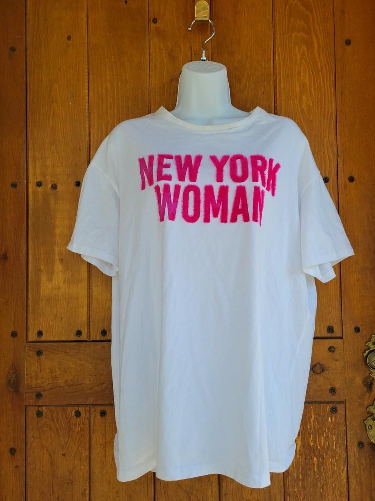 ZARA TRAFALUC Large White Pink New York Woman Graphic Cotton Tee Shirt