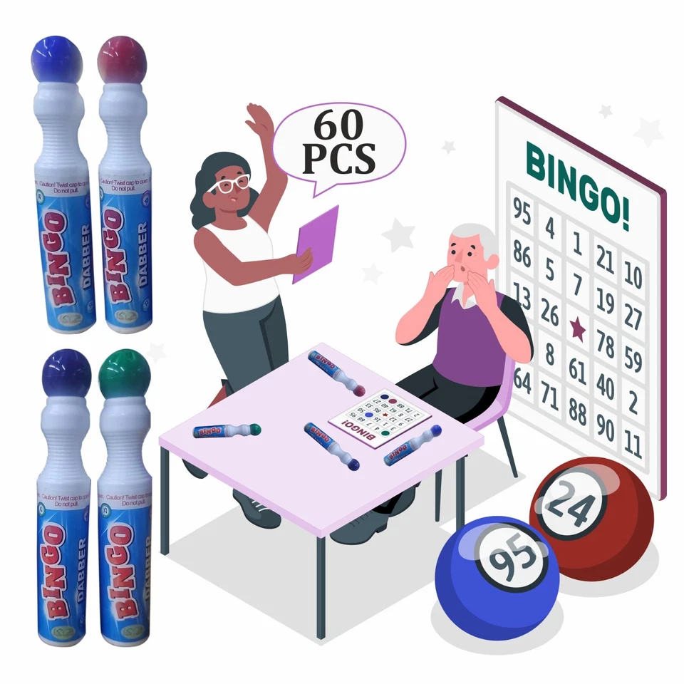 60 x Jumbo Bingo Dabbers Non Drip Markers Pens Family Game Red Blue Green Purple - Image 3 of 4