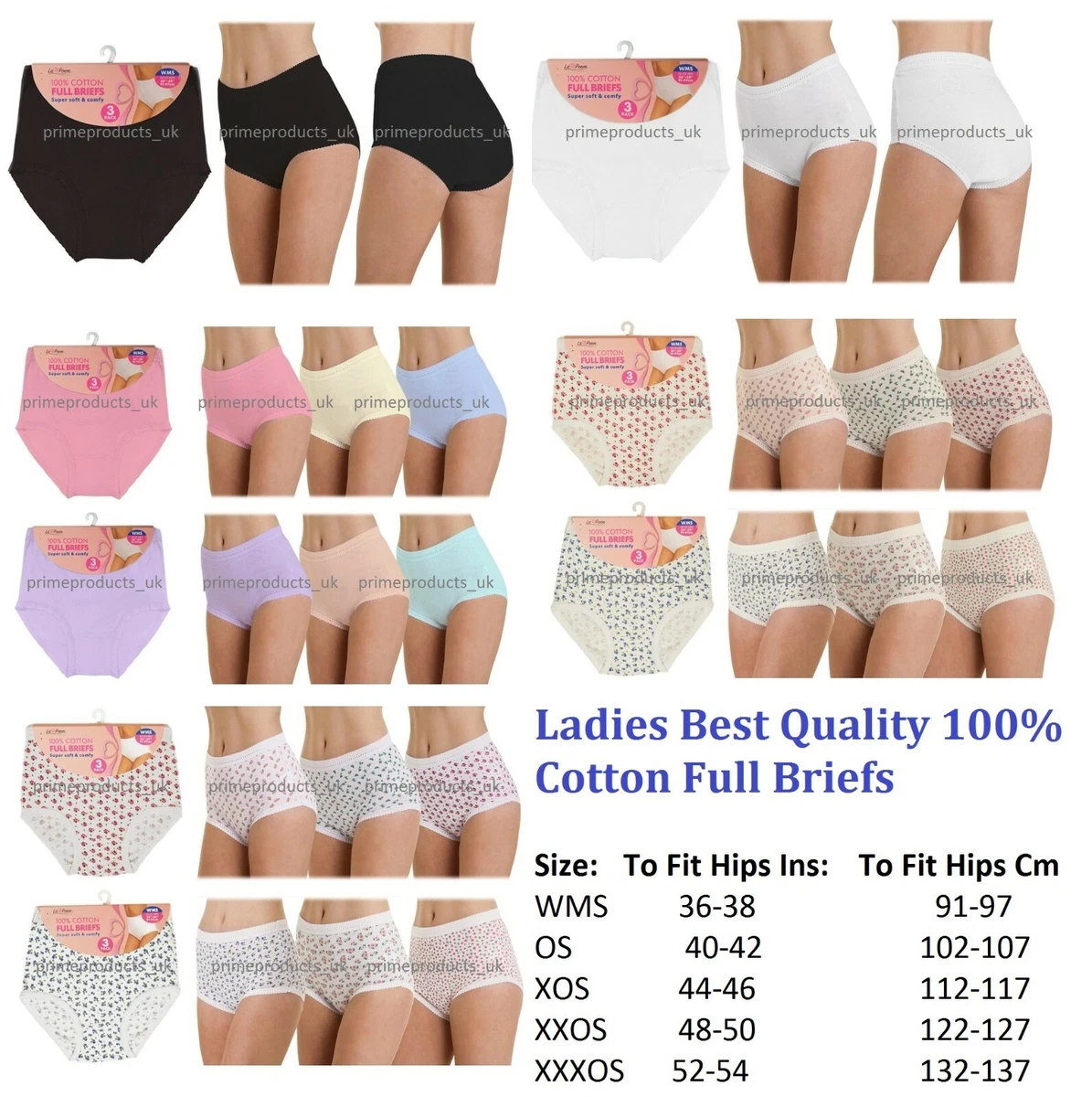 6 x Ladies Women 100% Cotton Full Size Briefs Knickers Underwear UK Size 8  - 22