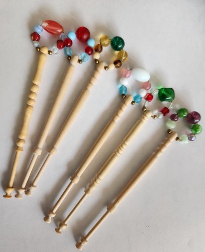 Set of 6 Carved Wood Spangled Lace Bobbins with Glass Beads