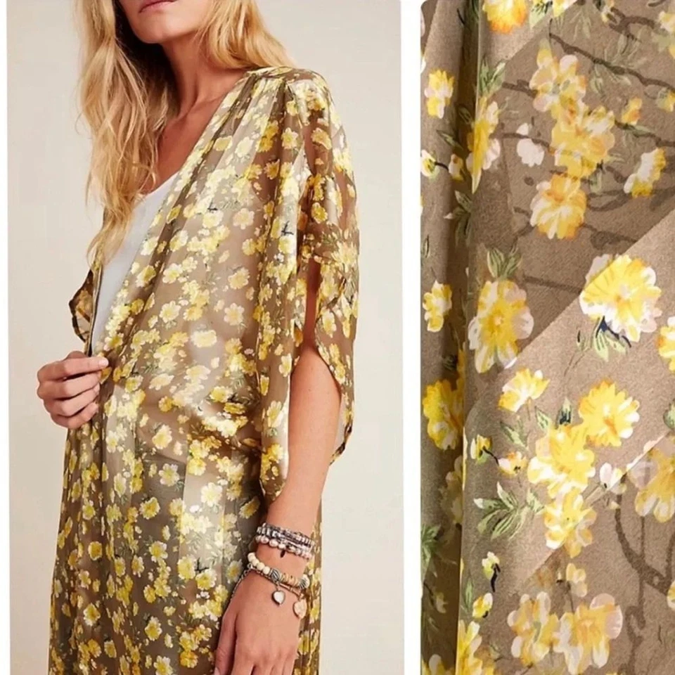 Anthropologie Andersen & Lauth Yellow Floral Isolde Kimono OS - Image 2 of 4