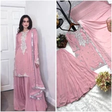 Classic Designer Light Pink Faux Georgette Kurta Palazzo With Dupatta For Women