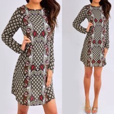 Green Pink Paisley Long Sleeve Flowy Dress XS Extra Small