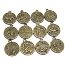 12 Bronze Tone Alloy Zodiac Astrology Horoscopes Charm Pendants 16mm Double side