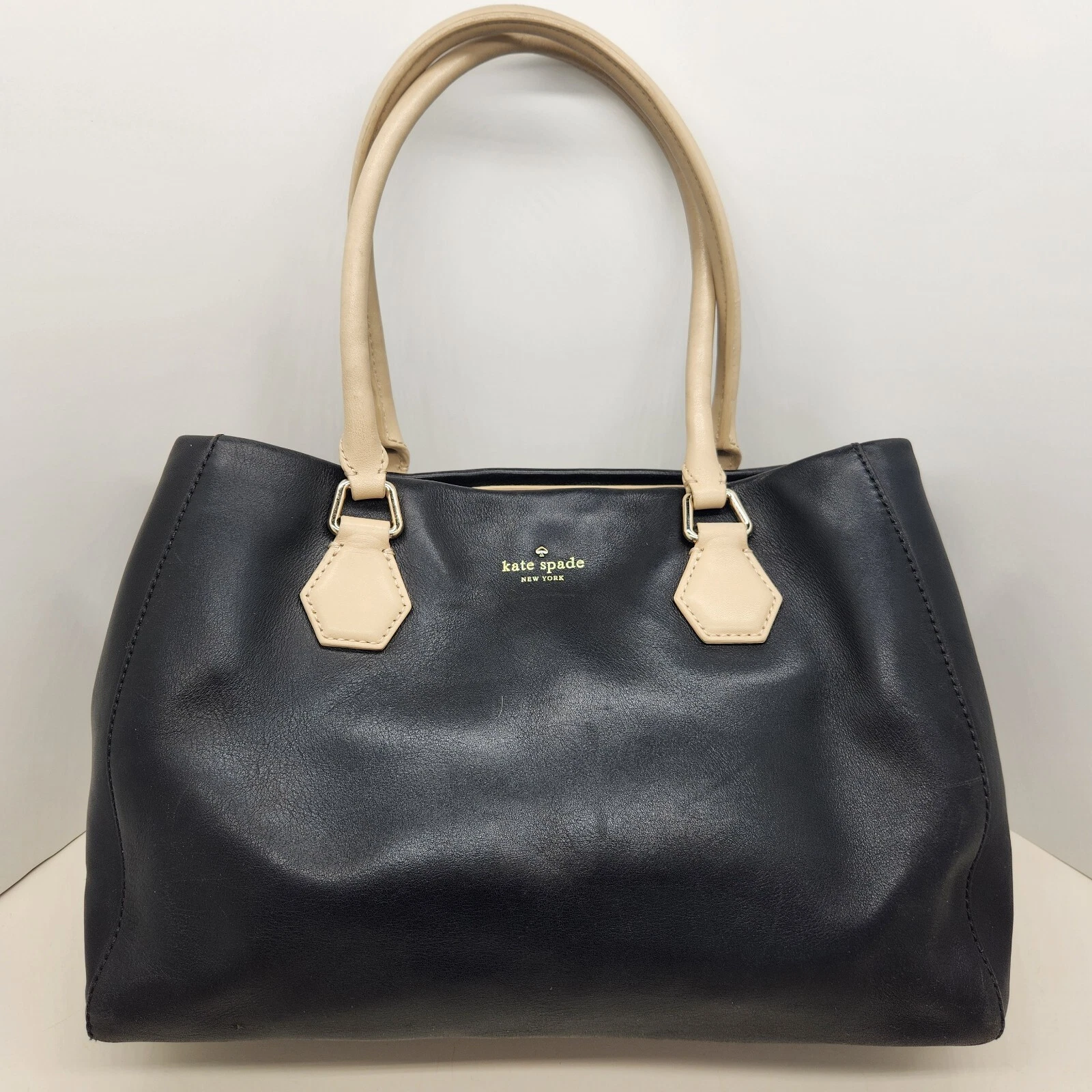 Borsa tote Kate Spade nera pelle panna manici Catherine Street Wensley preppy