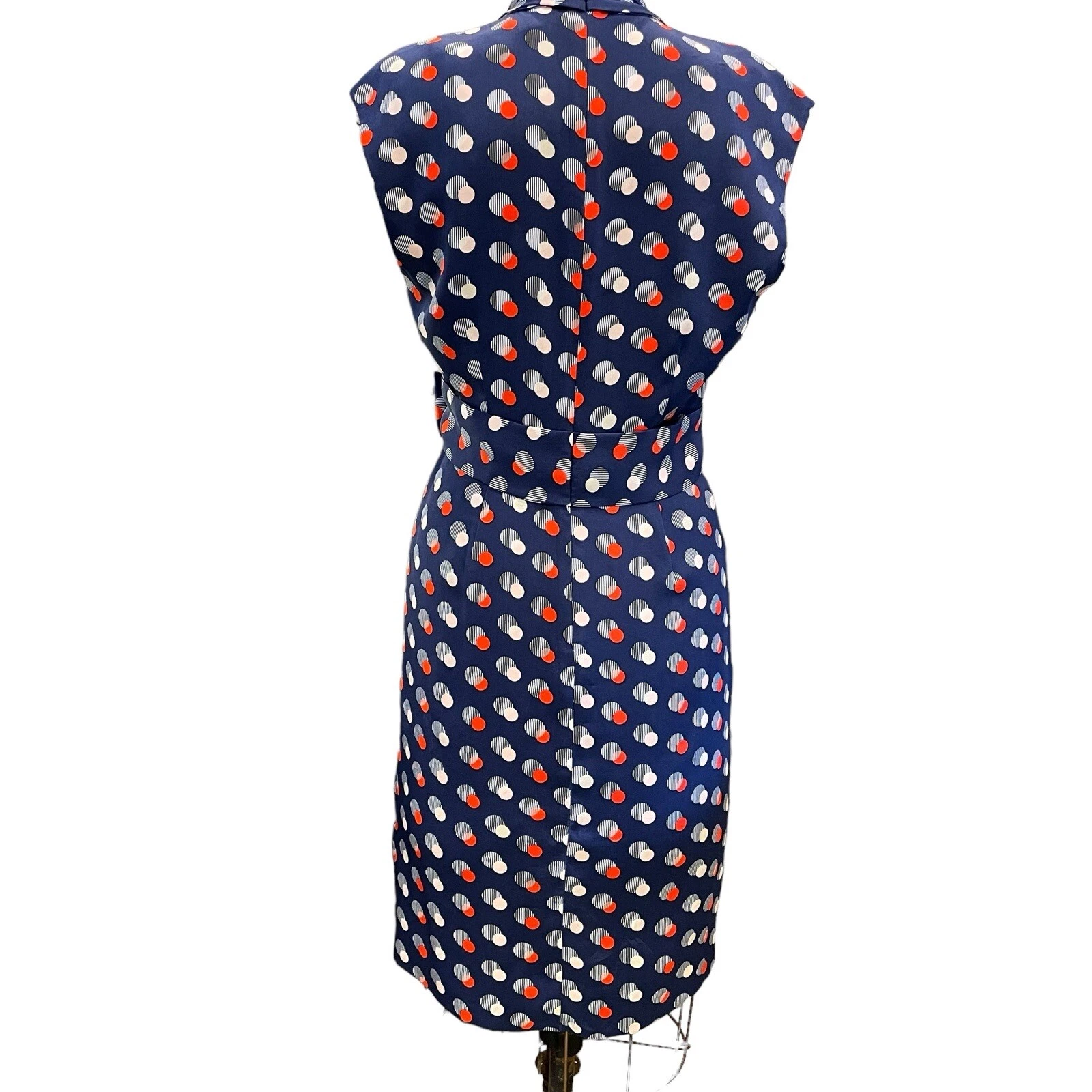 Abito blu seta Kate Spade New York con pois rossi e bianchi con fiocco taglia 2