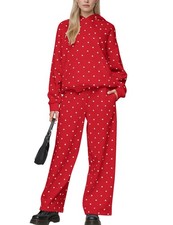 Red and White Polka Dot Set for Women’s Oversized Hooded Sweatshirts and Wide...