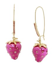 NEW BETSEY JOHNSON METALLIC HOT PINK CRYSTALS STRAWBERRY GOLD TONE DROP EARRINGS