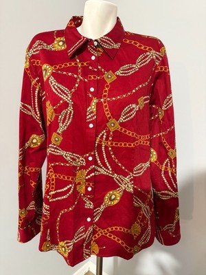 Talbots Women Size 20 Red Button Down Blouse Top Gold Chain Pearl Print Cotton