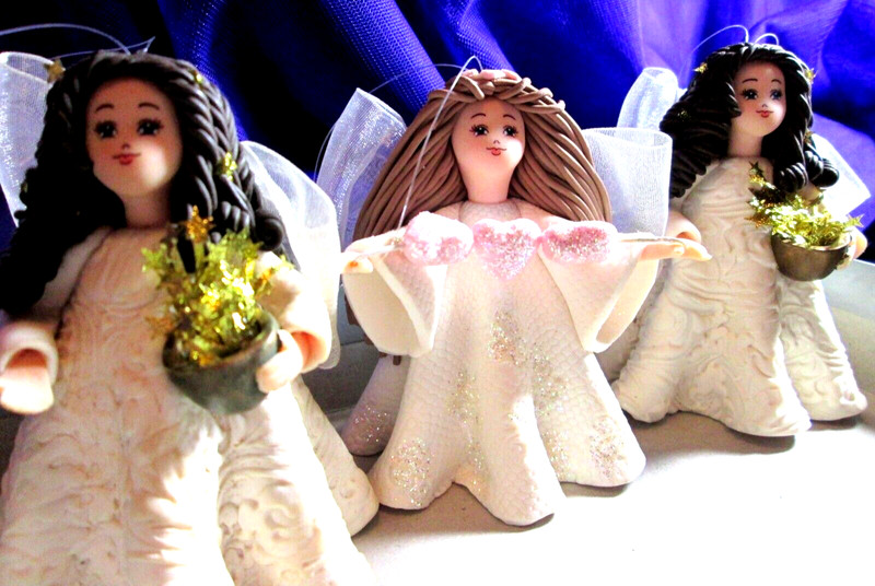 Lot Of 3 Girls Long White Dresses  & Long Hair Salt Dough Christmas Ornaments