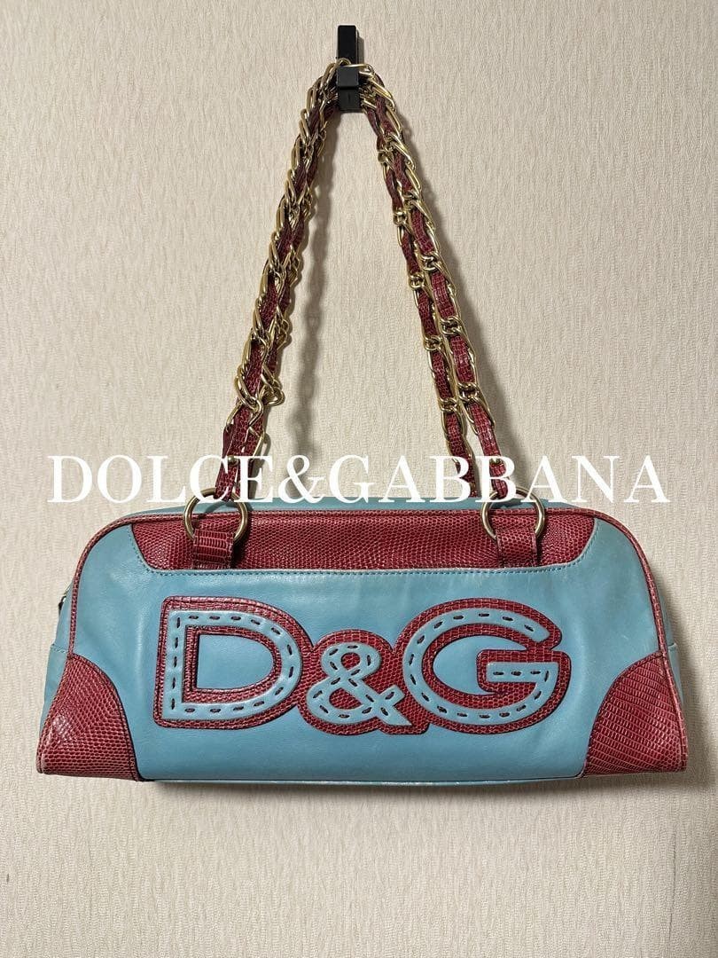 Dolce&Gabbana 00s Logo One Shoulder Bag Leather Blue Red Chain Strap Y2K Vintage