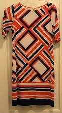 Eliza J White Pink Navy Geometric Knit Sheath Dress Boat Neck Half Sleeve 6