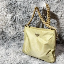 Vintage PRADA Triangle Logo Nylon Leather Chain Tote Shoulder Bag Beige