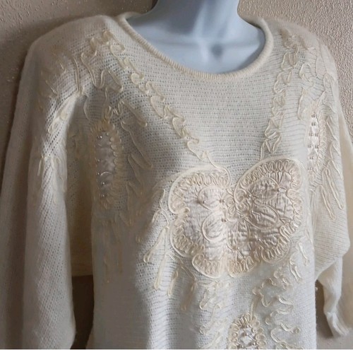 Vintage Decorated Embroidered Adolfo Cream Knit Acrylic Mohair Sweater Small, Size S, $19.49 - Photo 3