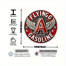 2D Flat, 1pc Retro Flying Gasoline Metal Tag, Red and White Wings Design-7.8 Inc