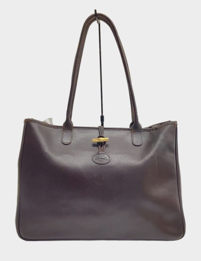 Longchamp Roseau Tote Bag Brown Leather Toggle Shoulder Bag A4 France Authentic