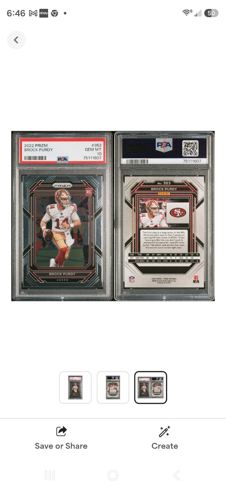 Brock Purdy 2022 Panini Prizm Rookie Football Card #353 Graded PSA 10 view 3
