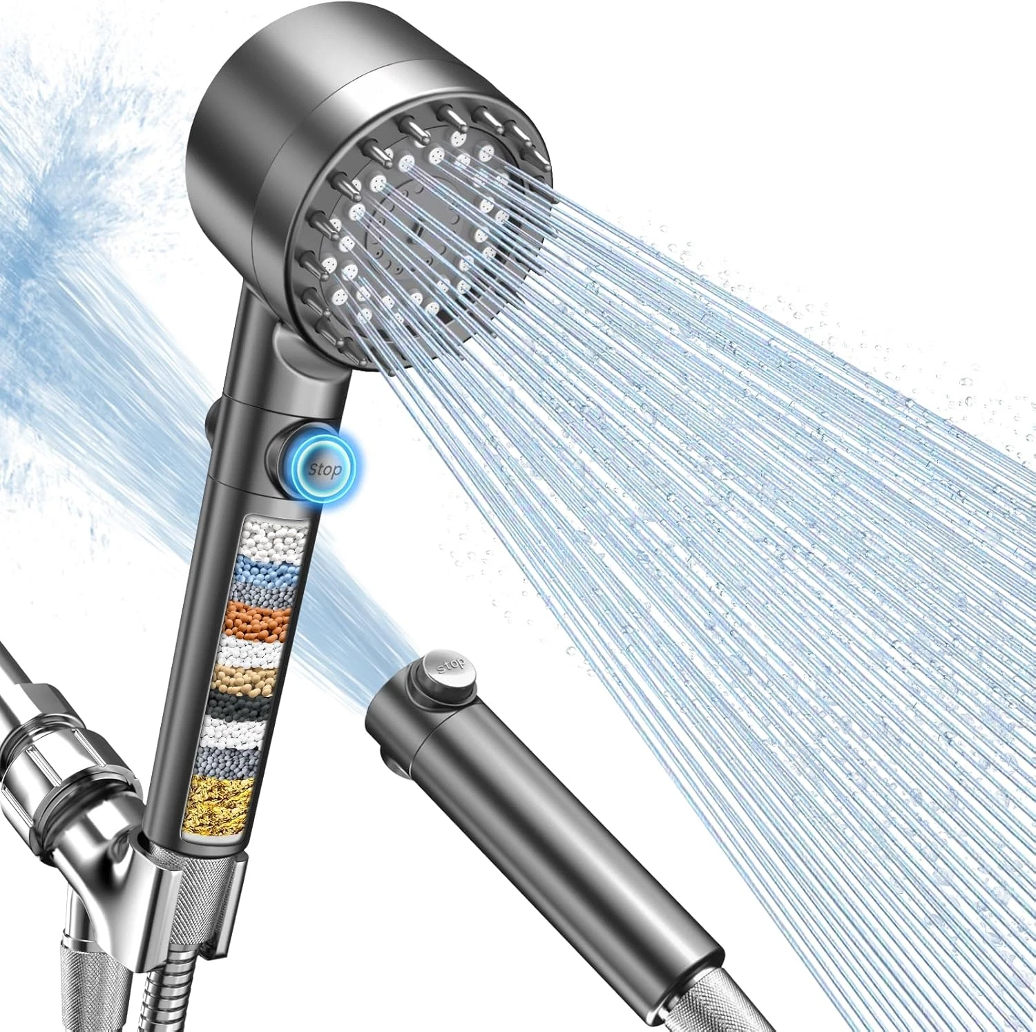 Filtered Handheld Shower Head High Pressure 4 Spray Anti-Clog On Off