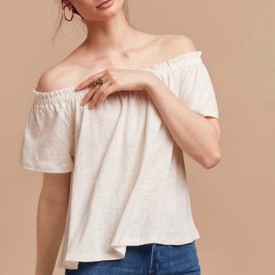 Anthropologie Promod Beige Cream Gold Striped Off Shoulder Top Size 2 Small 