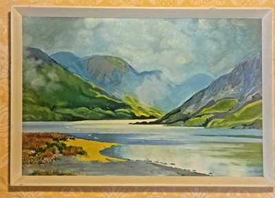 Vintage 1970 Painting Gallager Purple Mountains Landscape Lake Bright Groovy