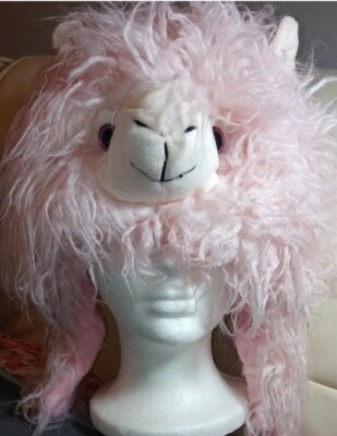 Llama Beanie Hat with Long Ear Flaps Pink with Purple Eyes New with Tags
