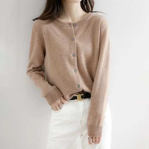 Cárdigan suéter simple de mezcla de cachemir para mujer color liso cuello redondo chaqueta abrigo - Imagen 27 de 37