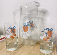 Vintage 10” Jug Glass & Set Of 2 Drink Glass Duck Marmalade International