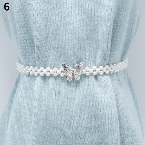 Lady Faux Pearl Belt Waist Chain Rhinestone Beaded Crystal Glitter Bow Butterfly - Picture 9 of 21