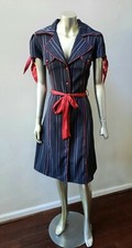 VINTAGE STRIPED BOWS BELT PUFF CAP SLEEVES BUTTON DOWN A LINE DRESS sz 7