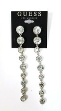 NEW GUESS SILVER TONE,9 LINEAR HANGING CRYSTALS CHAIN STUD PUSH BACK EARRINGS