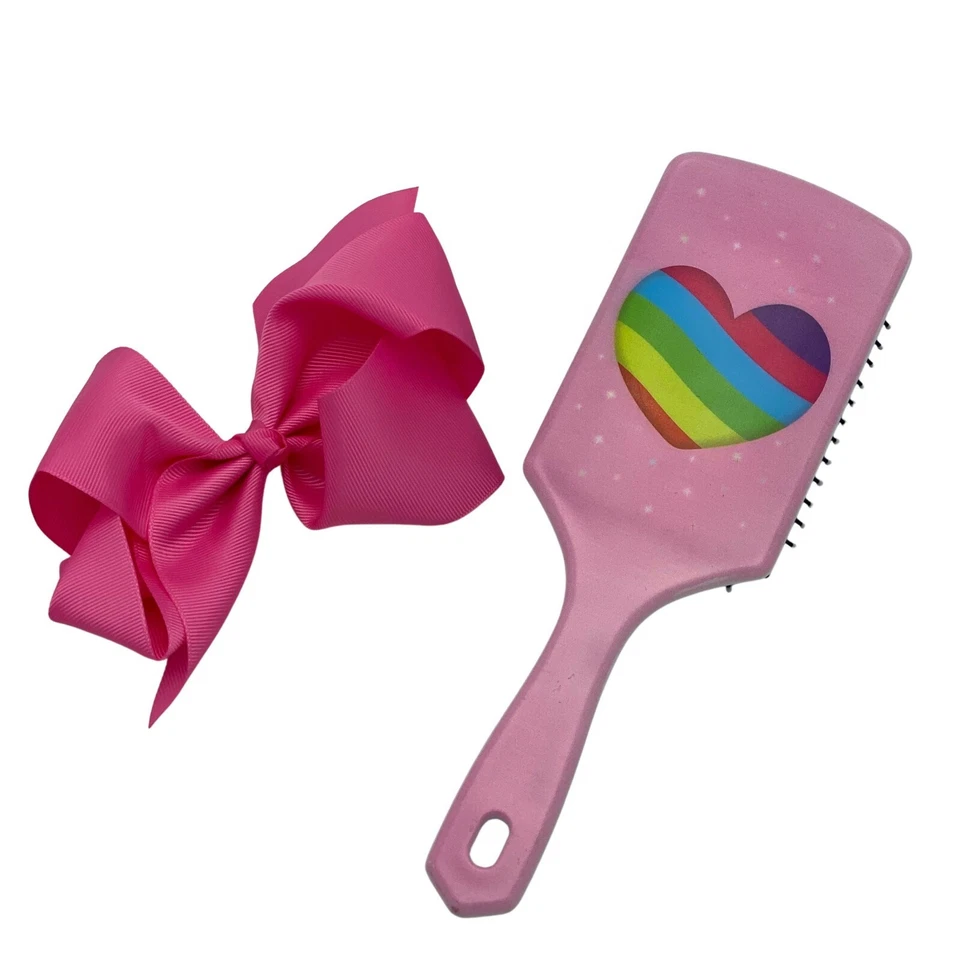 Kids Girl Pink Hair Bow Hair Brush Set Wet Detangler Paddle Brush Rainbow Heart Foto 3 de 4