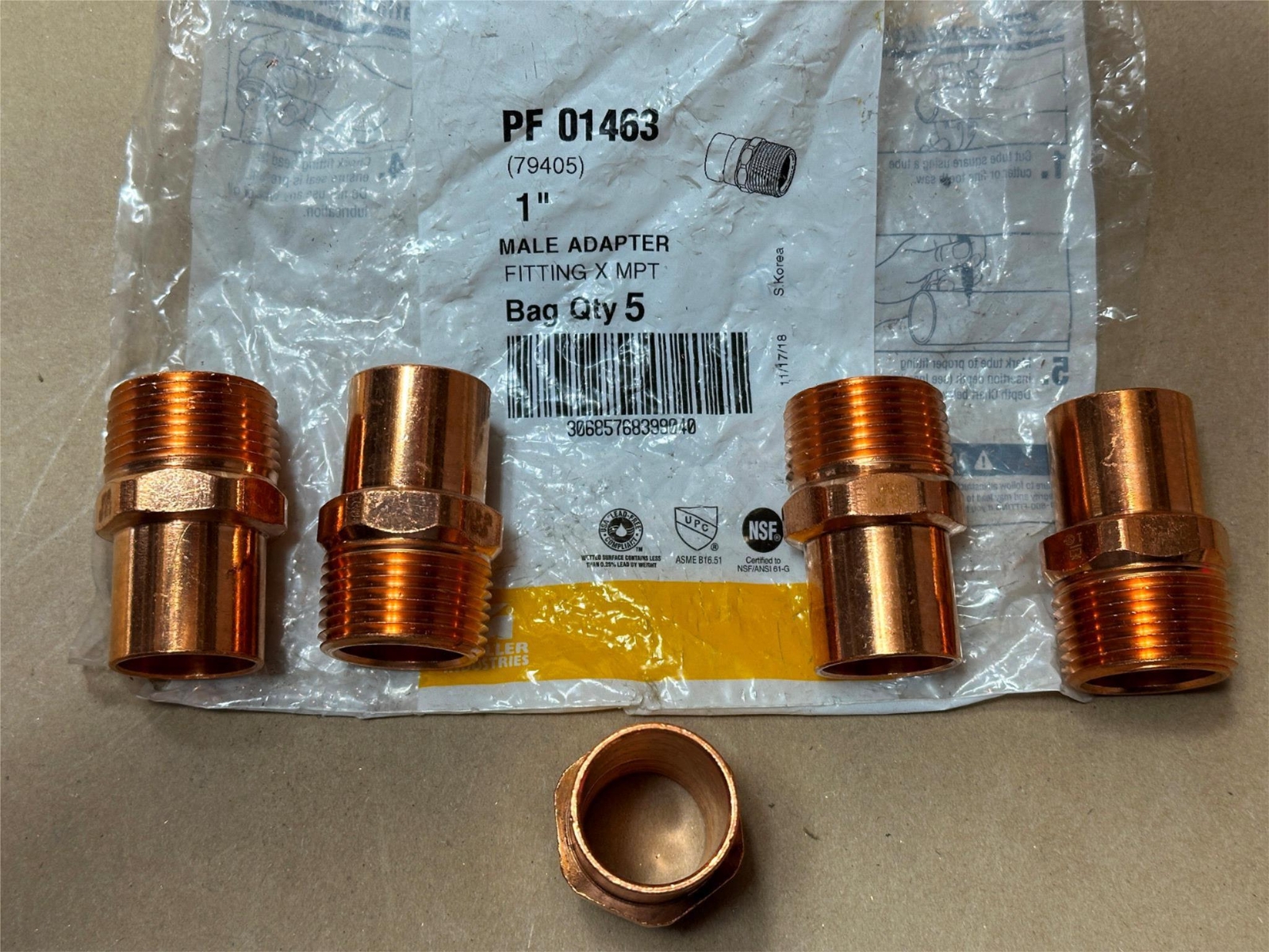 5x Pack Lot Streamline PF 01463 Copper Press Fitting 1" Male Fitting x 1" MPT