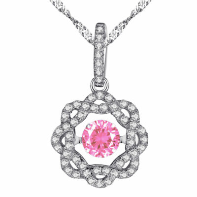 925 Sterling Silver Pink CZ Dancing Pendant Necklace New Year Gift For Her Women