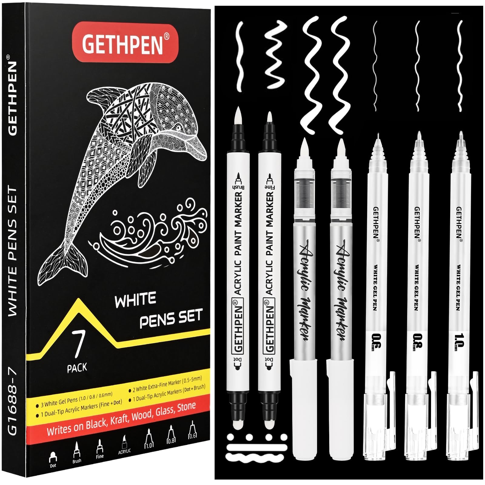 White Ink Pens, Fine Point Gel Pens, Brush Tip Acrylic Marke