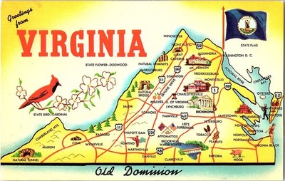 Map of Virginia with Key State Symbols & Landmarks Profiled Vintage Postcard