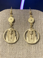 NEW LISTING HANDCRAFTED EGYPTIAN REVIVAL GOLDEN PHARAOH COIN DROP EARRINGS-NEW