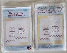 2 Pairs Coffee Time Jack Dempsey Stamped White Decorative Hand Towels