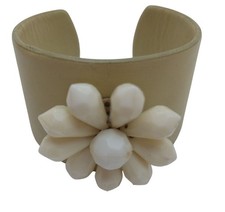 Vintage Yellow Faux Leather Cuff Bracelet With White Floral Bead Accent