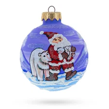 Santa and Polar Bear Festive Glass Ball Ornament 3.25 Inches